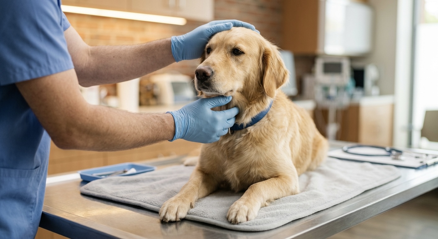 A veterinarian gently examining a calm dog on an exam table in a bright clinic room.