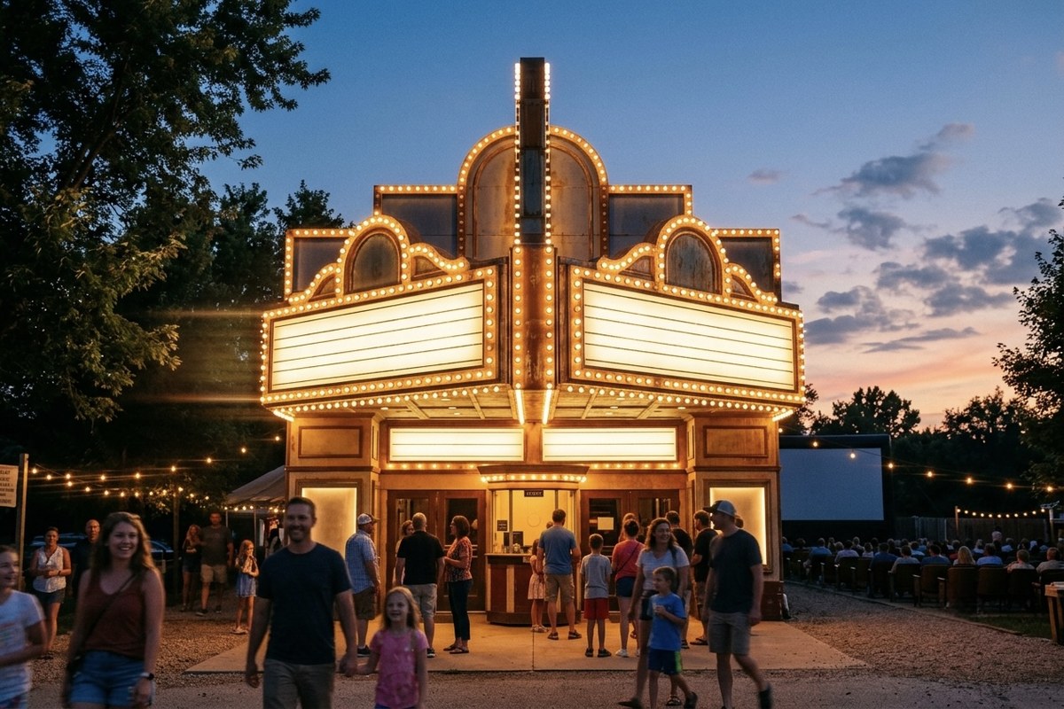 A vintage movie theater marquee glowing at dusk on a warm summer evening.