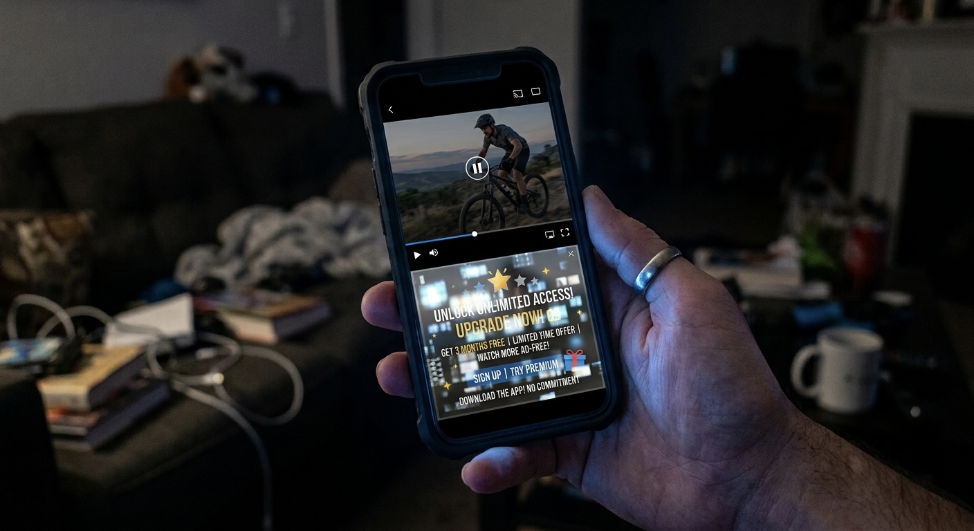 A hand holding a smartphone in a dim living room, a video paused mid-play with a semi-transparent ad overlay covering the lower half of the screen.