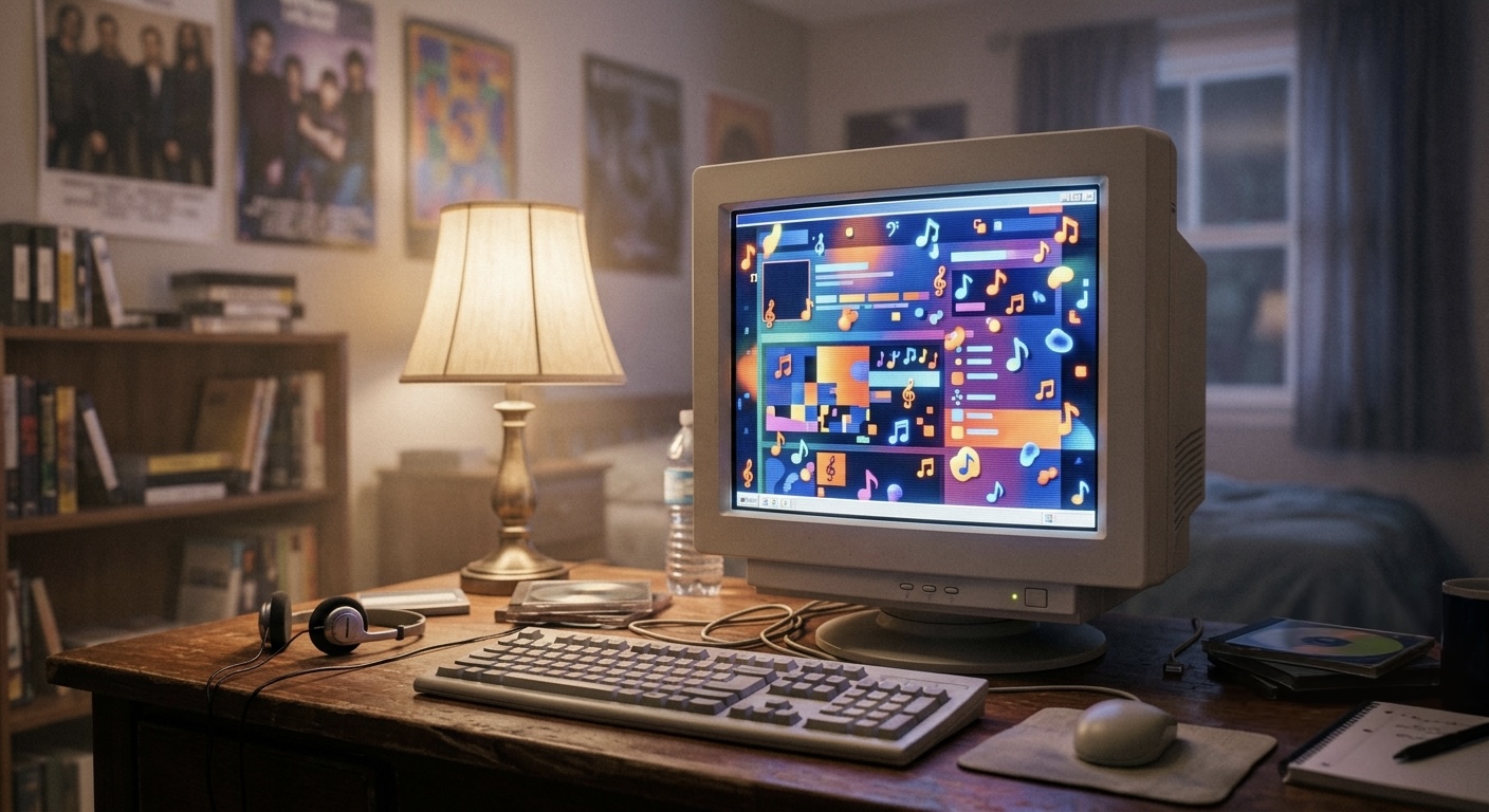 An old CRT computer monitor glowing in a dim bedroom, displaying a colorful custom profile layout with music note icons.