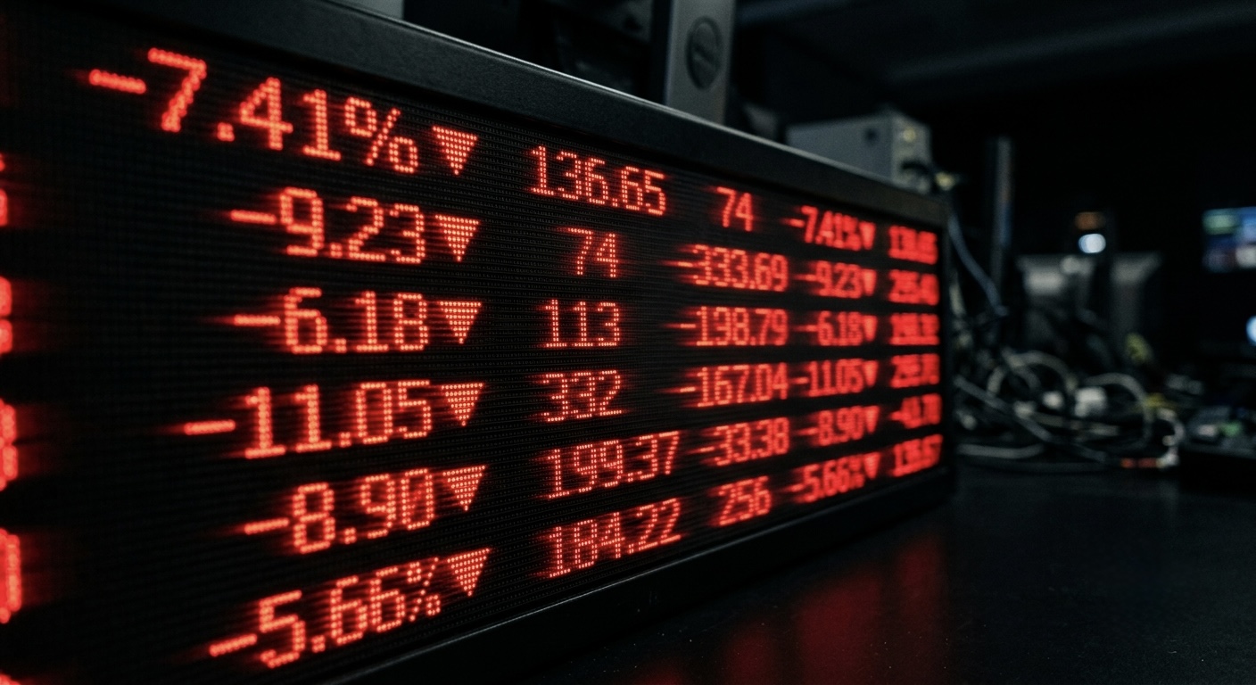 A stock market ticker display showing red numbers, close-up, with soft motion blur.