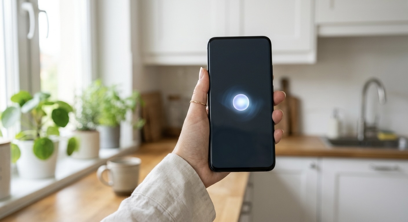 A hand holding a smartphone with a glowing voice assistant orb on screen in a kitchen