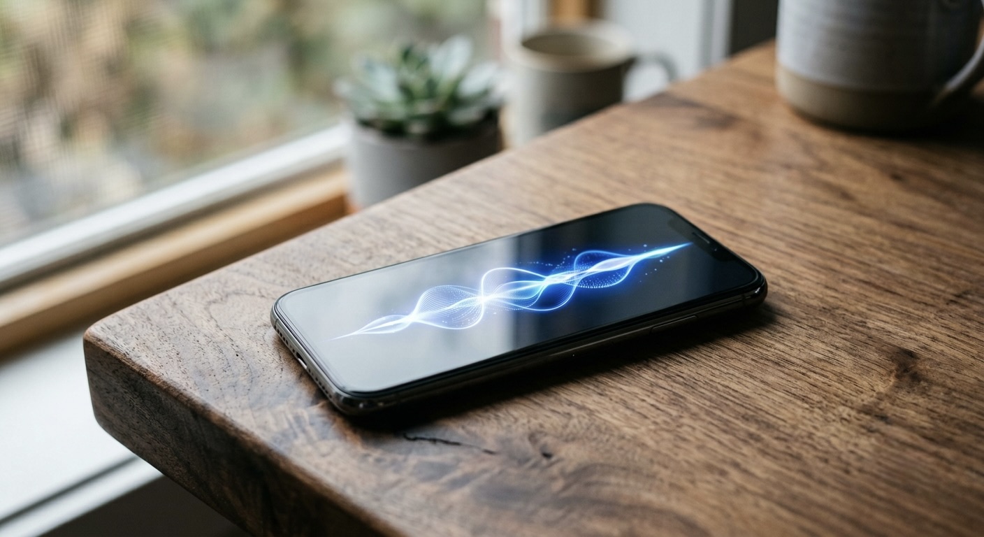 A smartphone on a wooden desk showing an abstract glowing AI assistant waveform