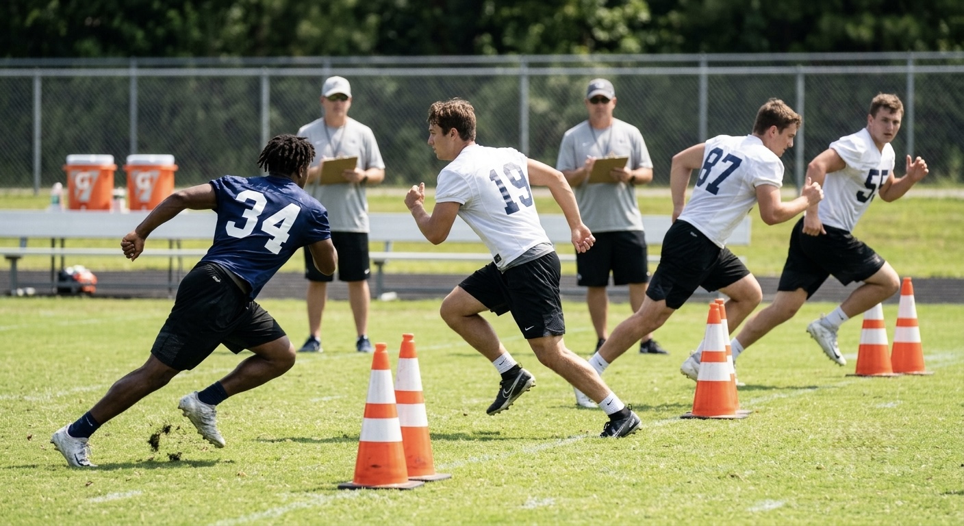 Football players running a non-contact drill in shorts and jerseys on a sunny practice field, no team logos.