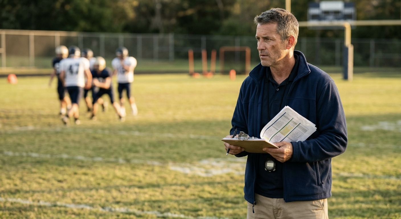 A coach with a clipboard watching players intently on a practice field, focused expression, warm light.