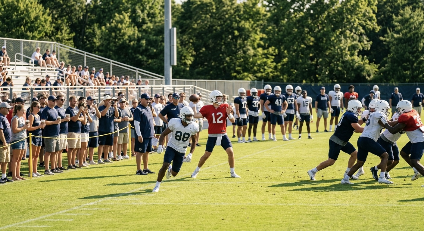 A generic American football training camp practice on a green field in bright summer morning light, players in plain jerseys with no team logos.