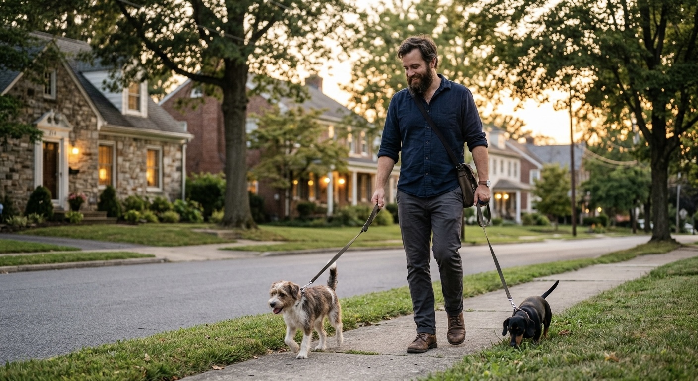 A person walking two small dogs on a quiet evening street, soft golden light, unwinding after work.
