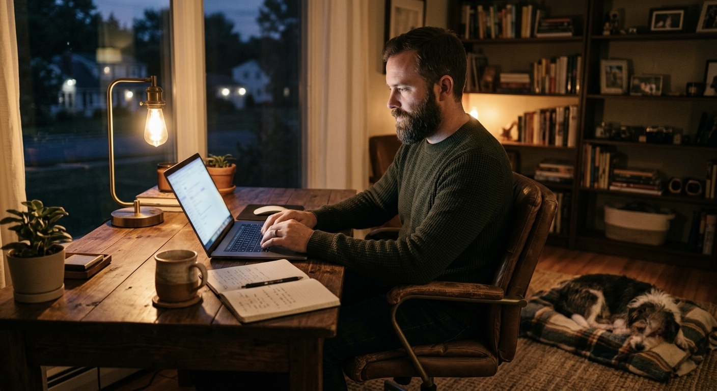 A person working on a laptop at a home desk in the evening, a small lamp glowing, a dog curled up nearby.