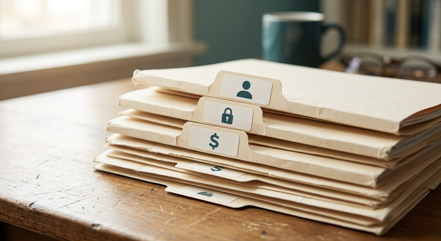 A stack of manila folders labeled with generic personal data icons, sitting on a desk, softly lit.