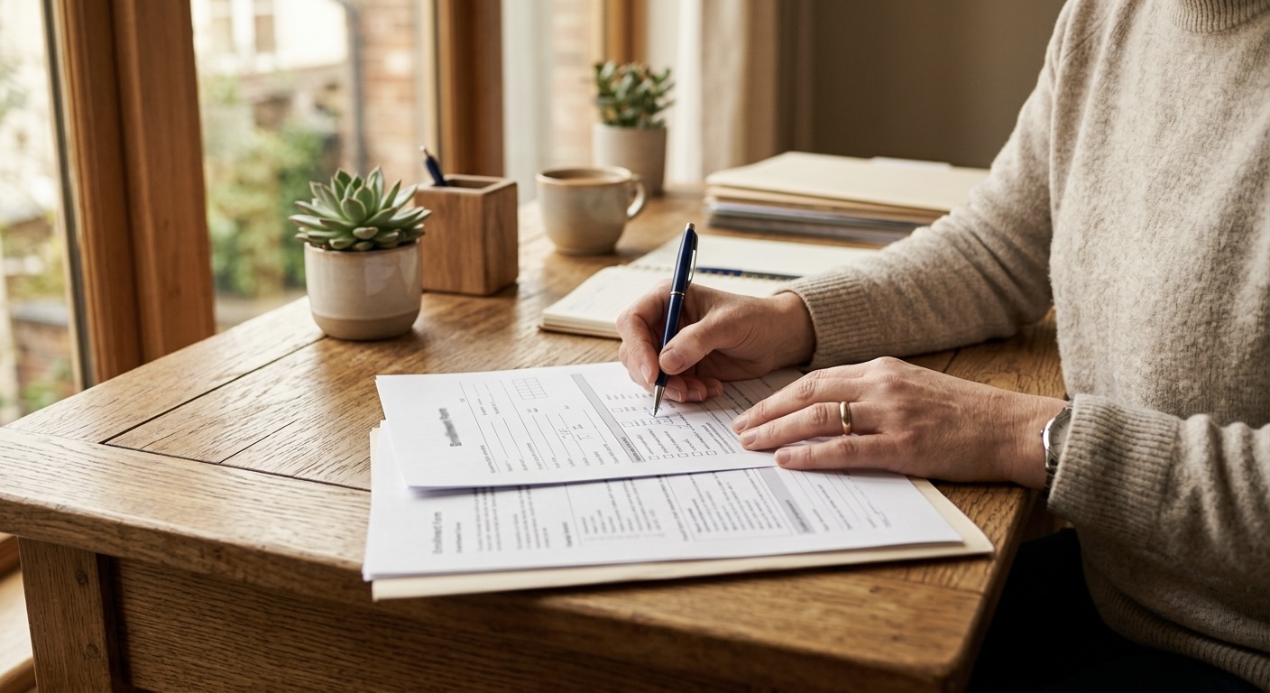 A person's hands filling out paperwork at a small business office desk, warm natural light.