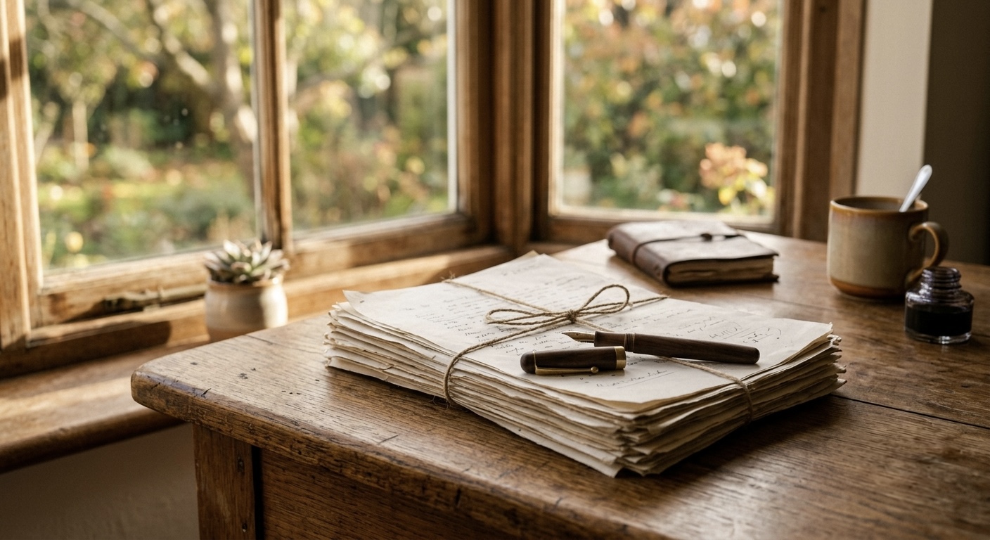 A stack of paper documents and a pen resting on a wooden desk near a window, warm afternoon light, shallow depth of field.