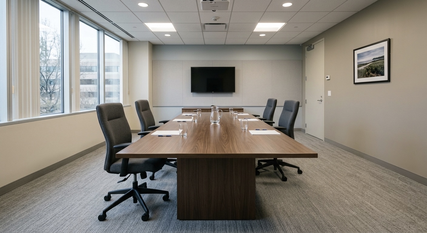 An empty conference room table with five chairs around it, soft overhead lighting, no visible people or text, a quiet institutional feel.