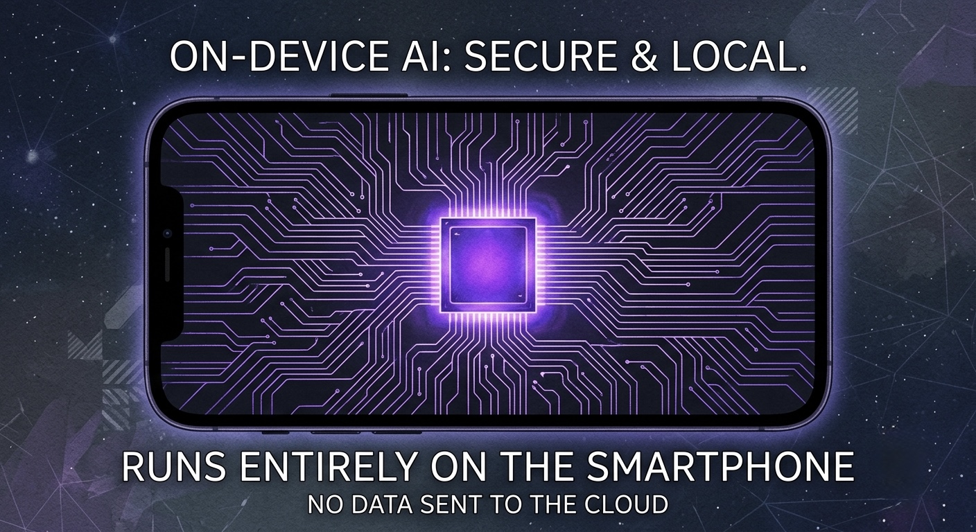 An editorial illustration of a smartphone silhouette with a glowing violet microchip at its center and thin circuit traces branching outward like roots, representing an AI model running entirely on the device with nothing sent to the cloud.