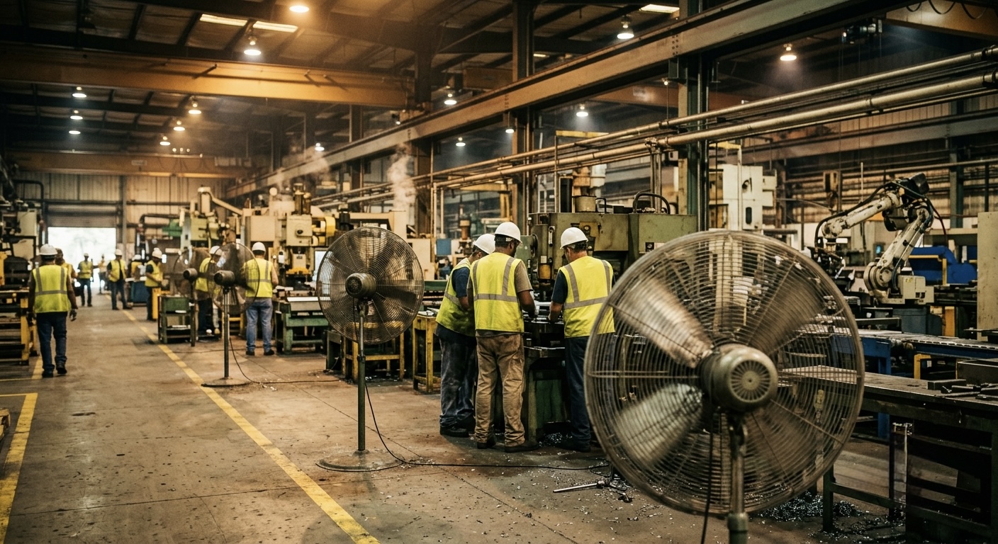 A manufacturing plant floor with industrial fans and workers in safety gear, warm overhead lighting suggesting summer heat.