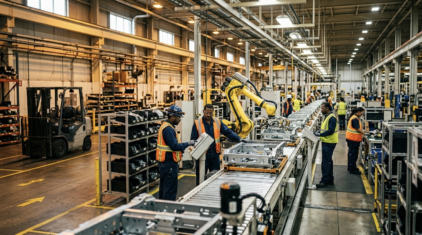 A manufacturing plant floor with workers in safety gear near assembly line equipment, overlaid with a faint payroll spreadsheet motif.