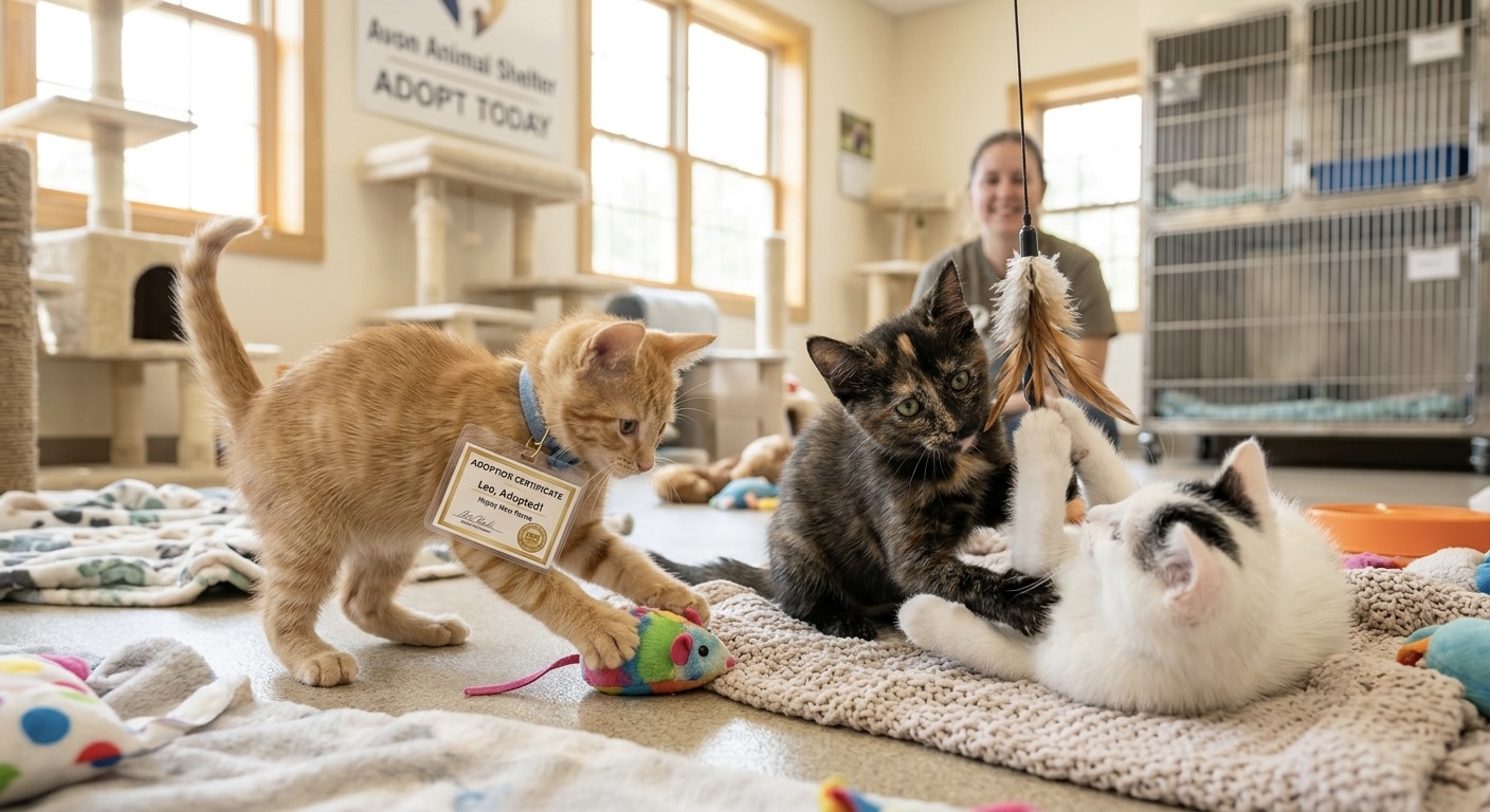 Adorable kittens playing together in bright indoor space, adoption certificate badge visible