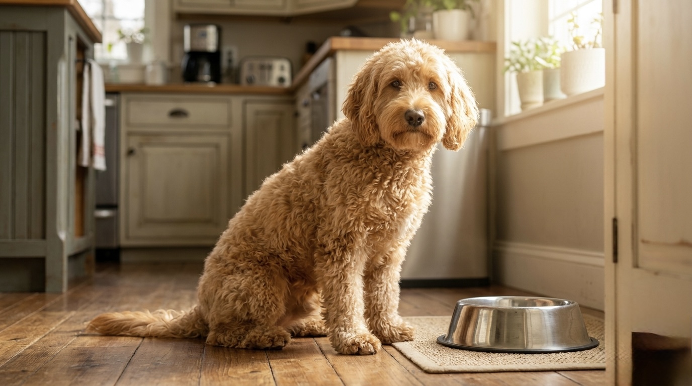 A golden retriever sitting attentively next to an empty stainless steel food bowl in a sunny kitchen.