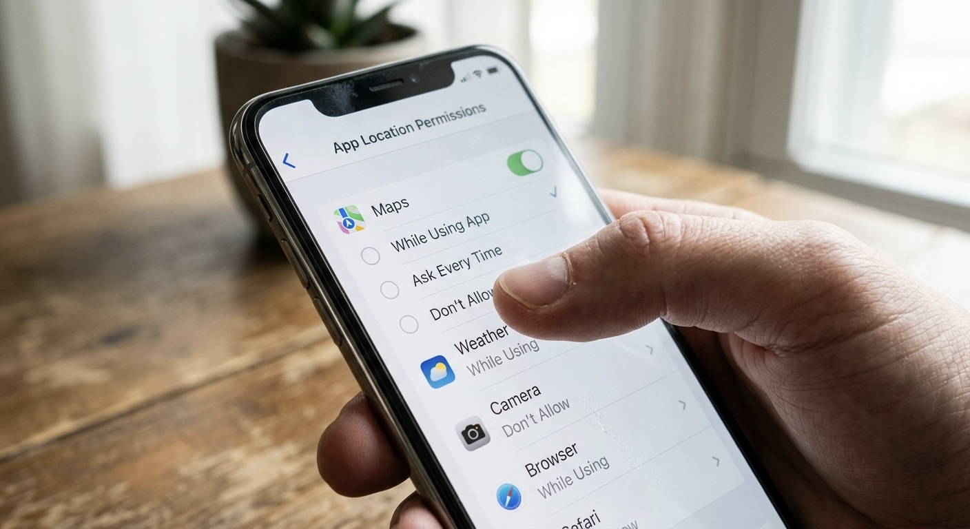 A close-up of a phone screen showing a list of apps with location permission options, a thumb changing one from Always to While Using.