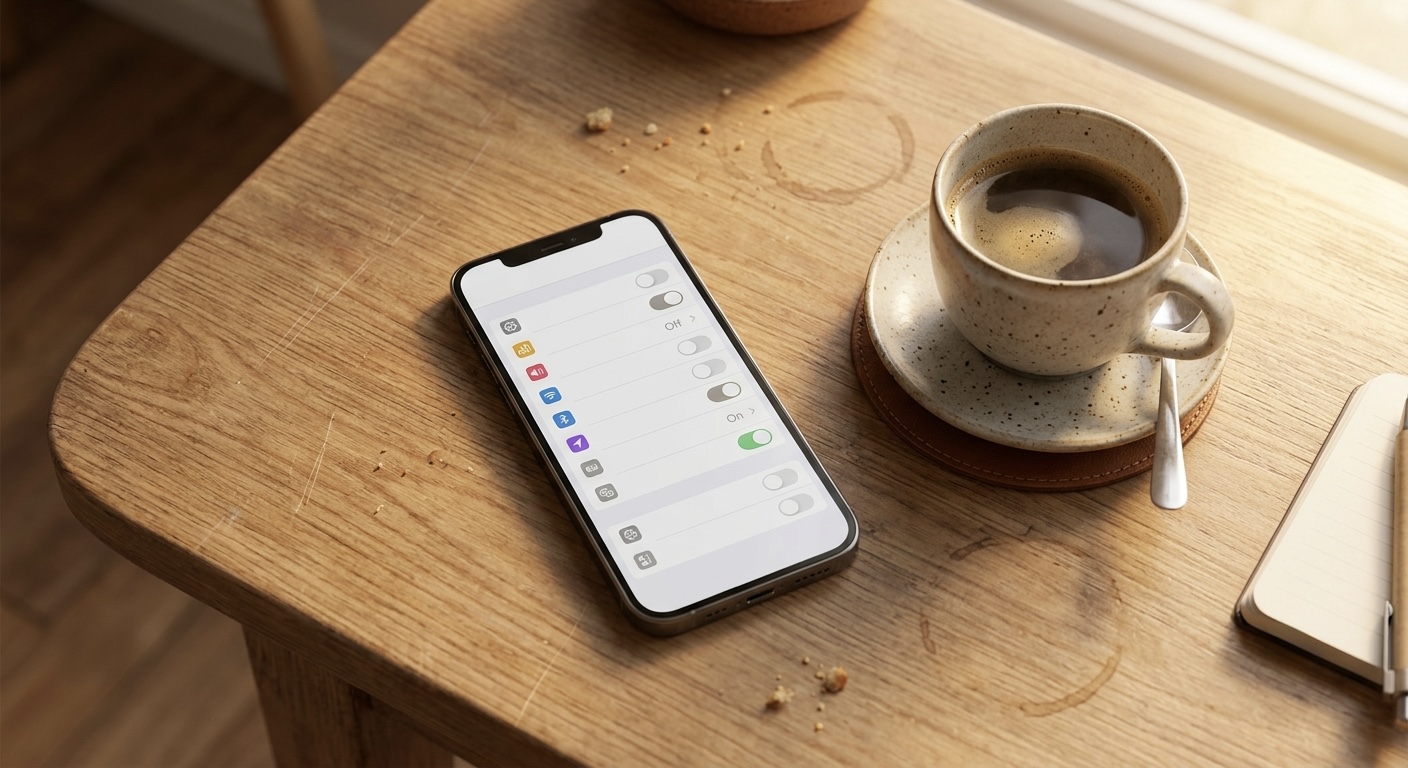 An overhead photo of a smartphone on a wooden table next to a coffee, the screen showing settings toggles, some off.