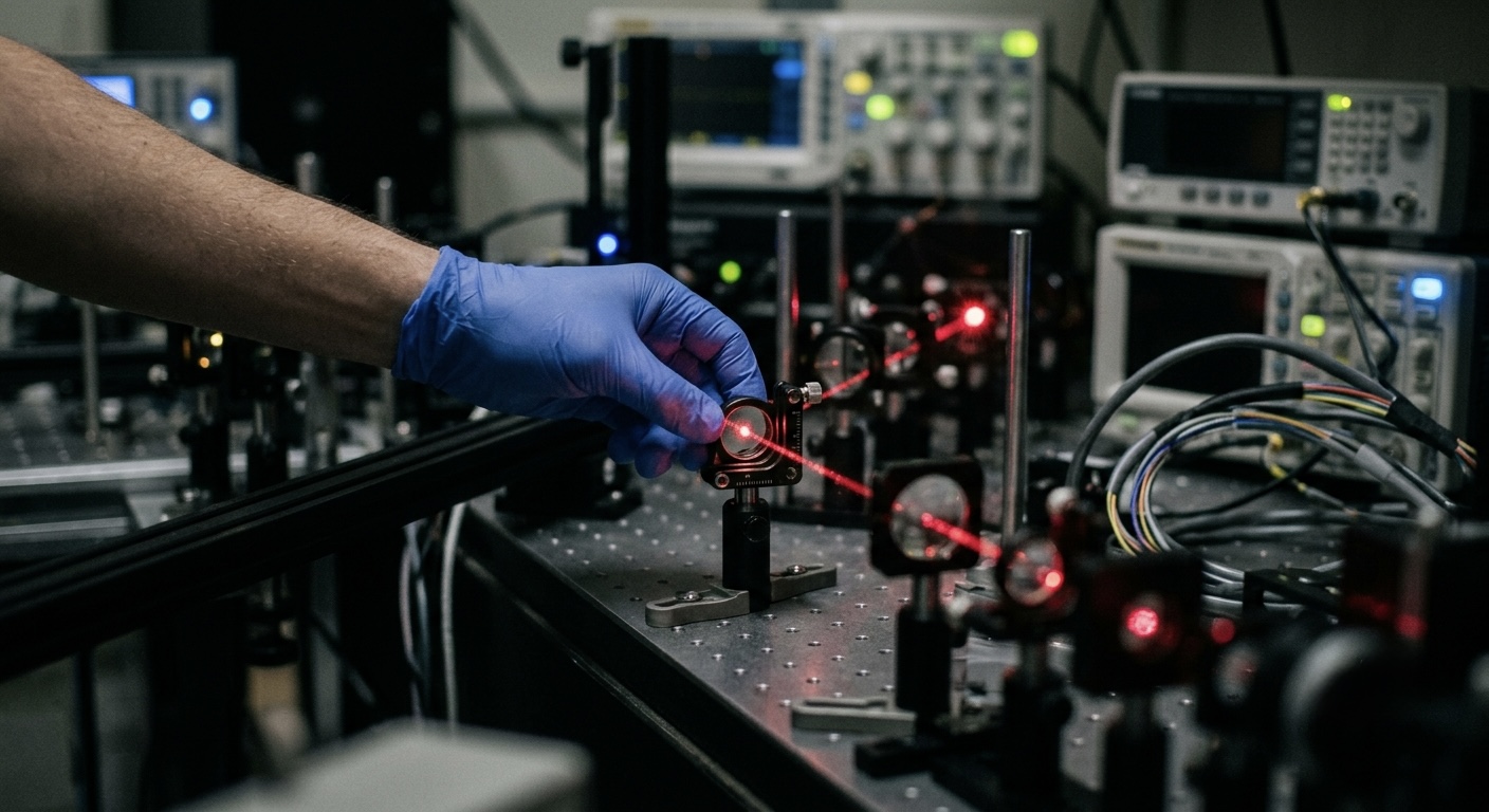 A gloved hand adjusting a mirror mount on an optical bench, red laser light scattering off the lenses.