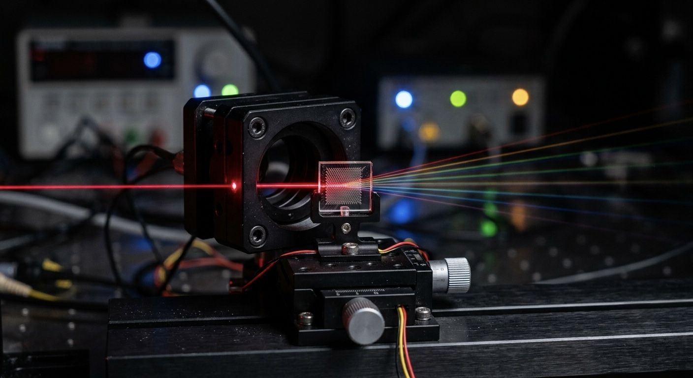 A red laser beam passing through a small photonic crystal chip mounted on an optics bench, splitting into faint rainbow refractions.