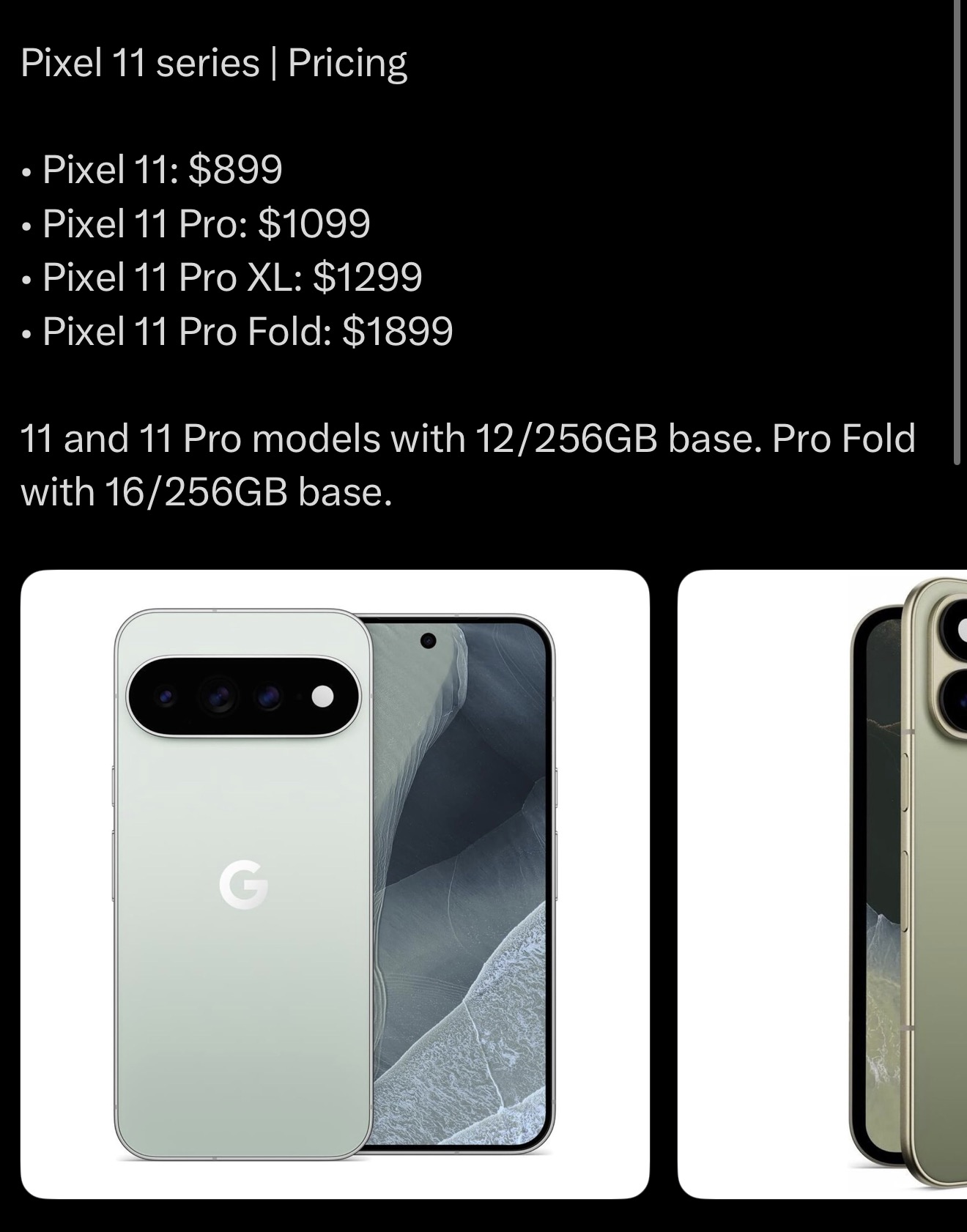 A pricing summary graphic listing Pixel 11, Pixel 11 Pro, Pixel 11 Pro XL, and Pixel 11 Pro Fold starting prices from the leaked Amazon listings.