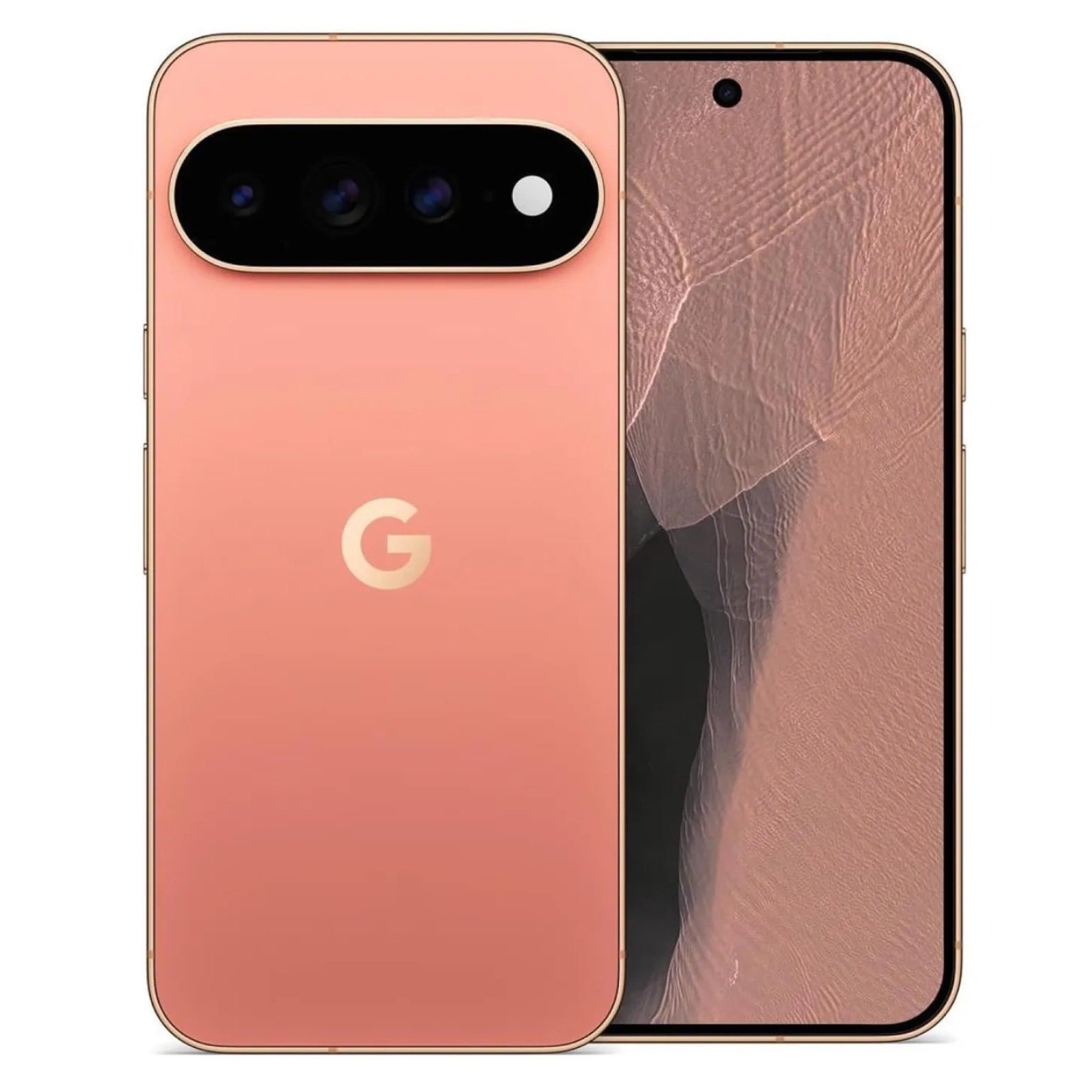 A Pixel 11 phone render in a warm peach and gold finish, front and back.