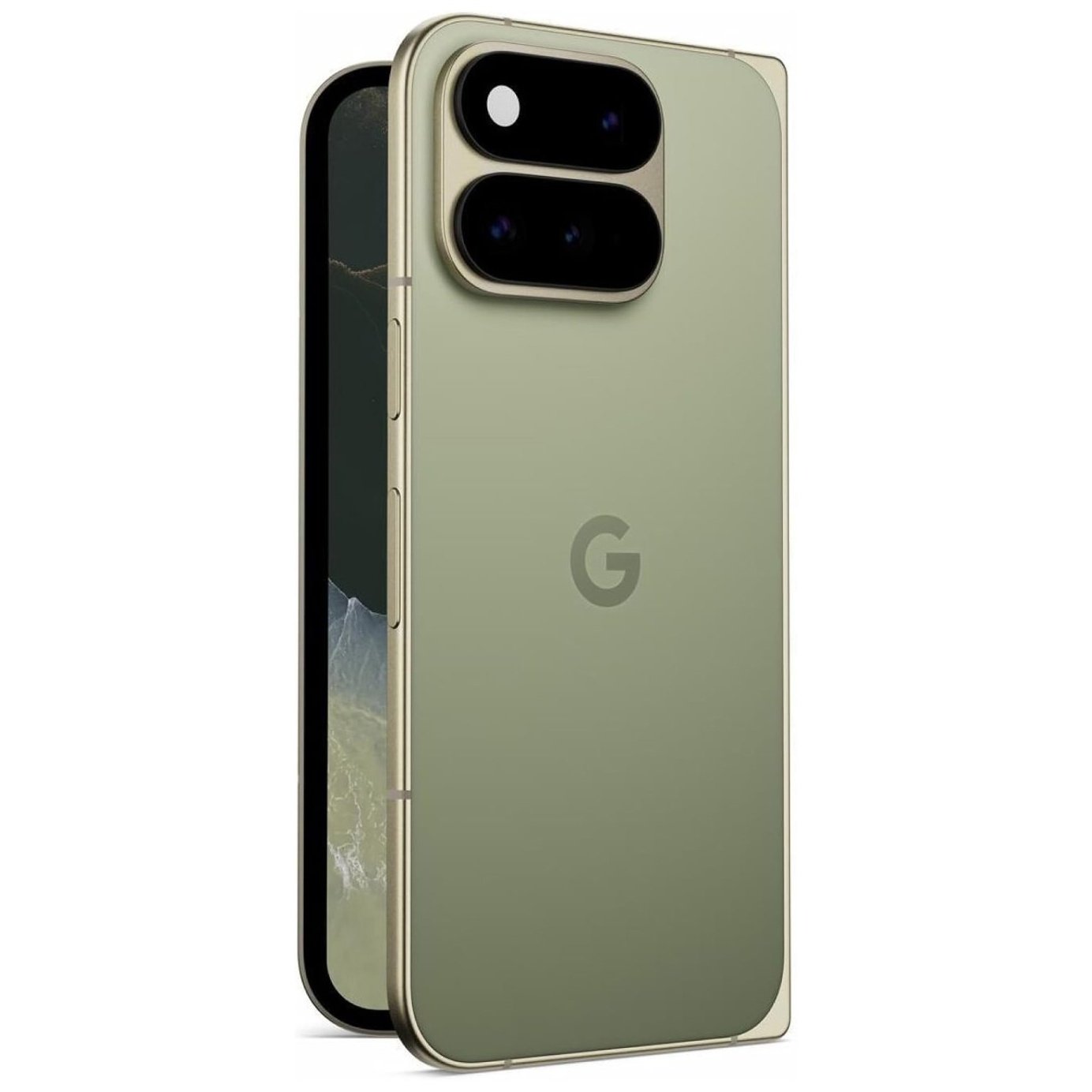 A Pixel 11 Pro Fold render in an olive green finish, shown at an angle, open.