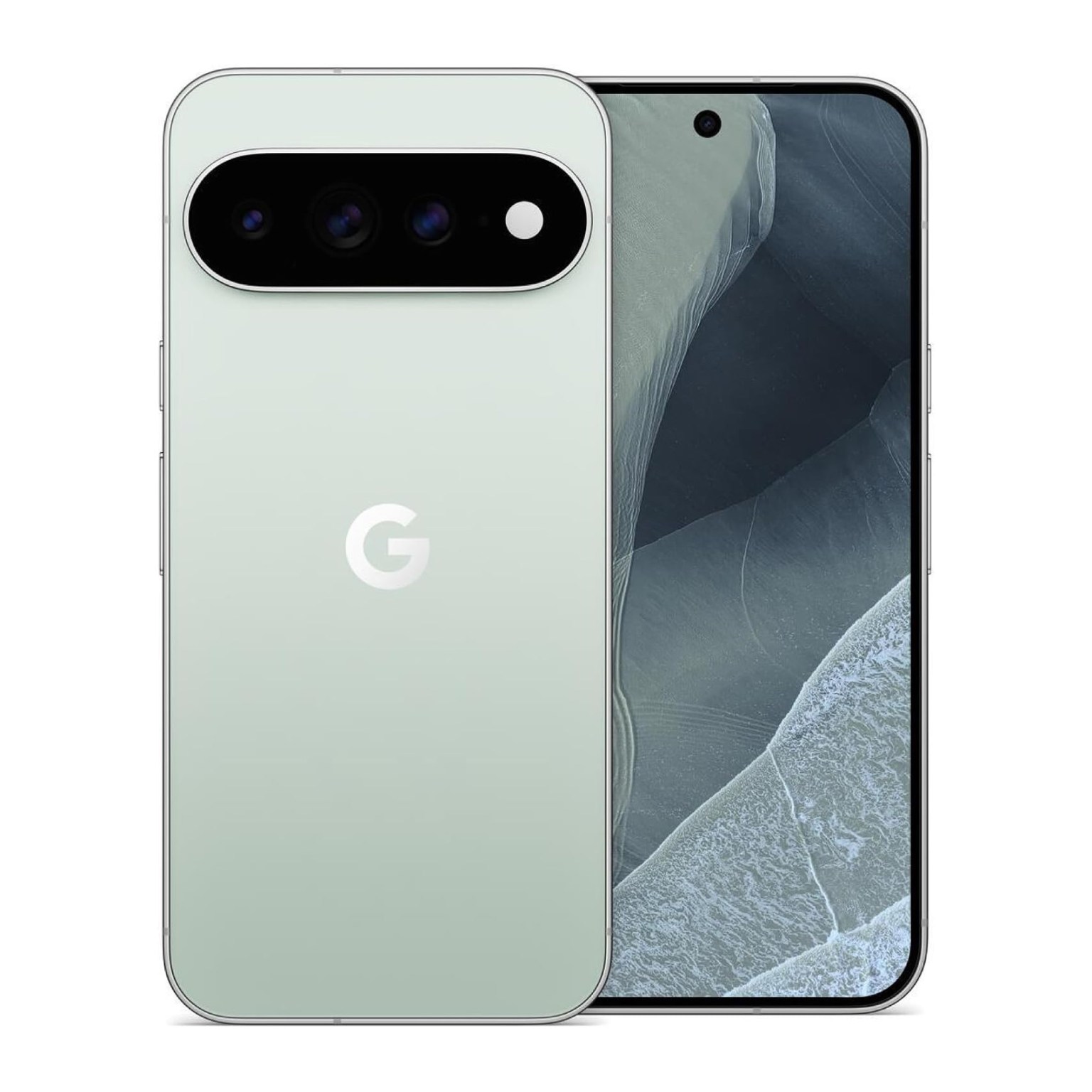 A Pixel 11 phone render in a pale sage green finish, front and back.