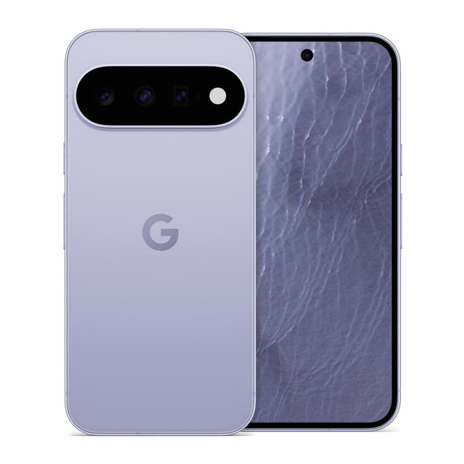 A Pixel 11 phone render in a light lavender finish, front and back.