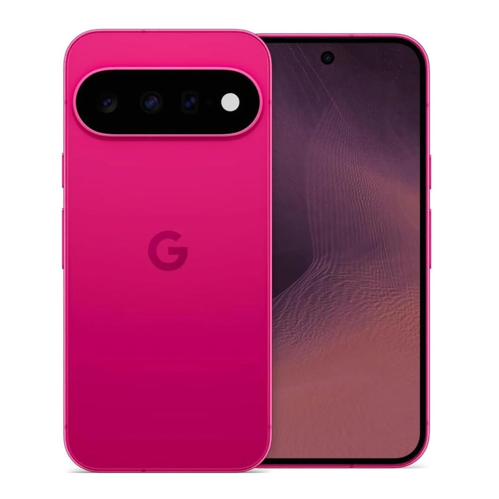 A Pixel 11 phone render in a bright pink Hibiscus finish, front and back, from the leaked Amazon listing.