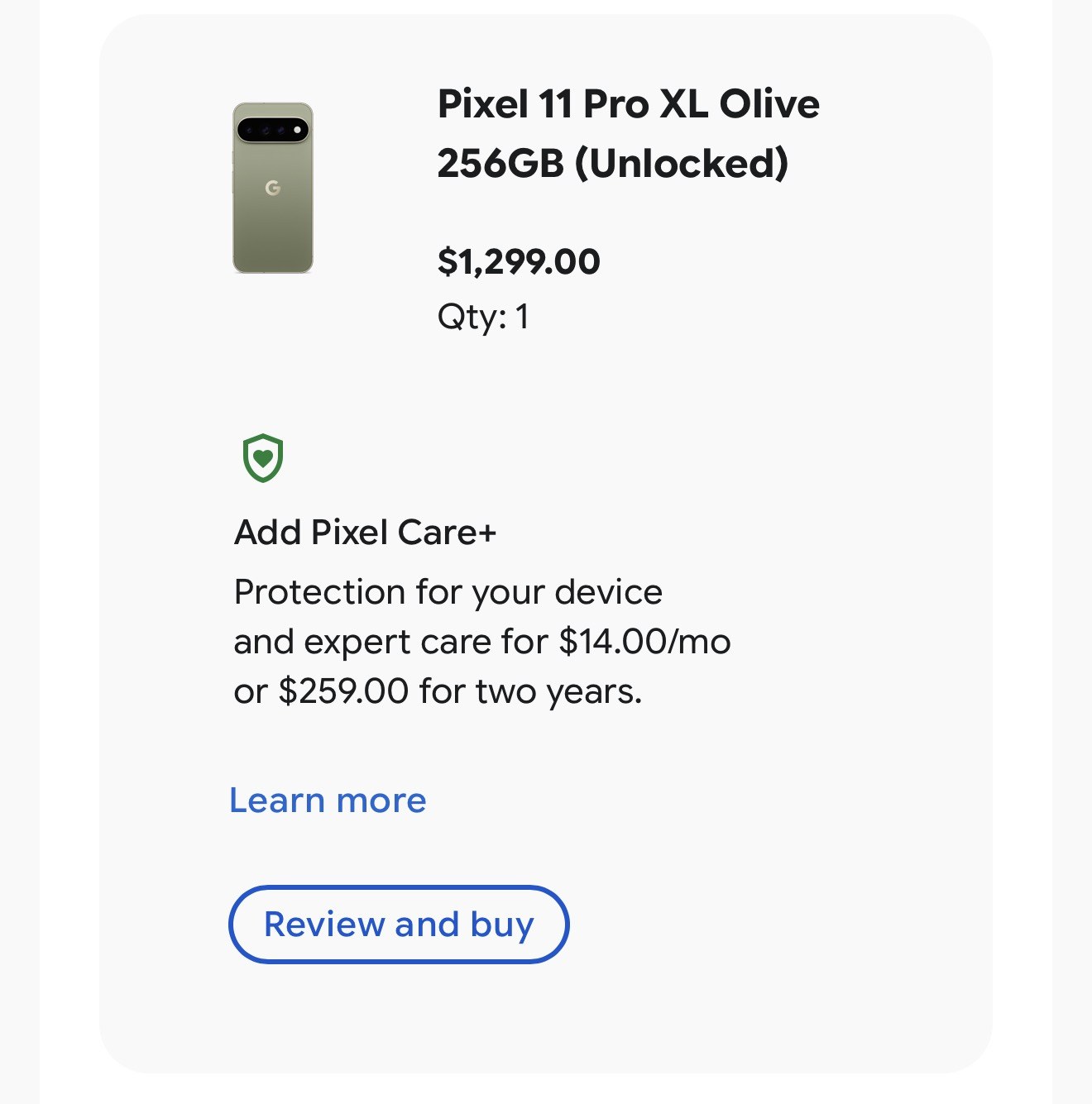 Google Store cart showing a Pixel 11 Pro XL in Olive, 256GB unlocked, quantity one, at $1,299.00, with the Pixel Care Plus upsell below it.