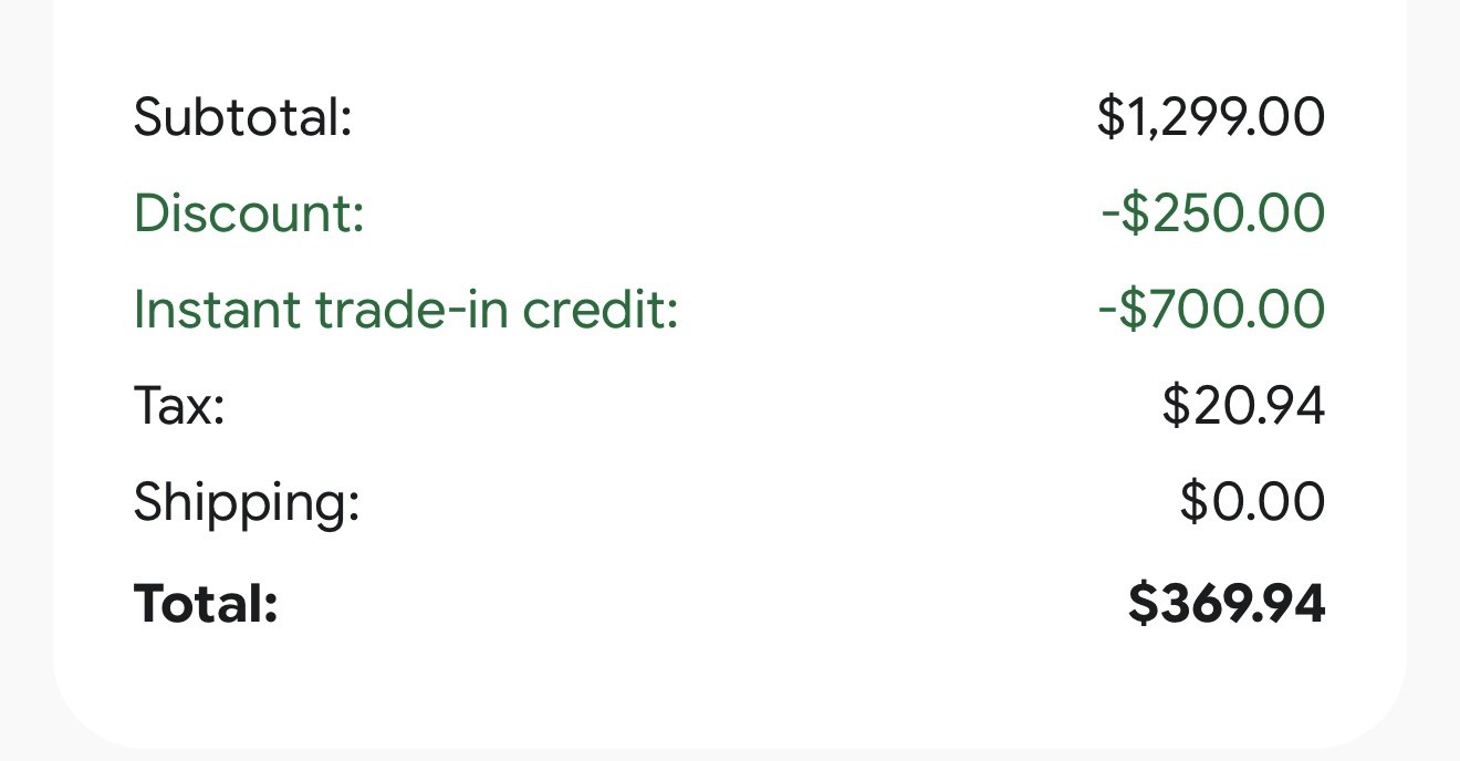 Google Store order summary showing subtotal $1,299.00, discount minus $250.00, instant trade-in credit minus $700.00, tax $20.94, shipping $0.00, total $369.94.
