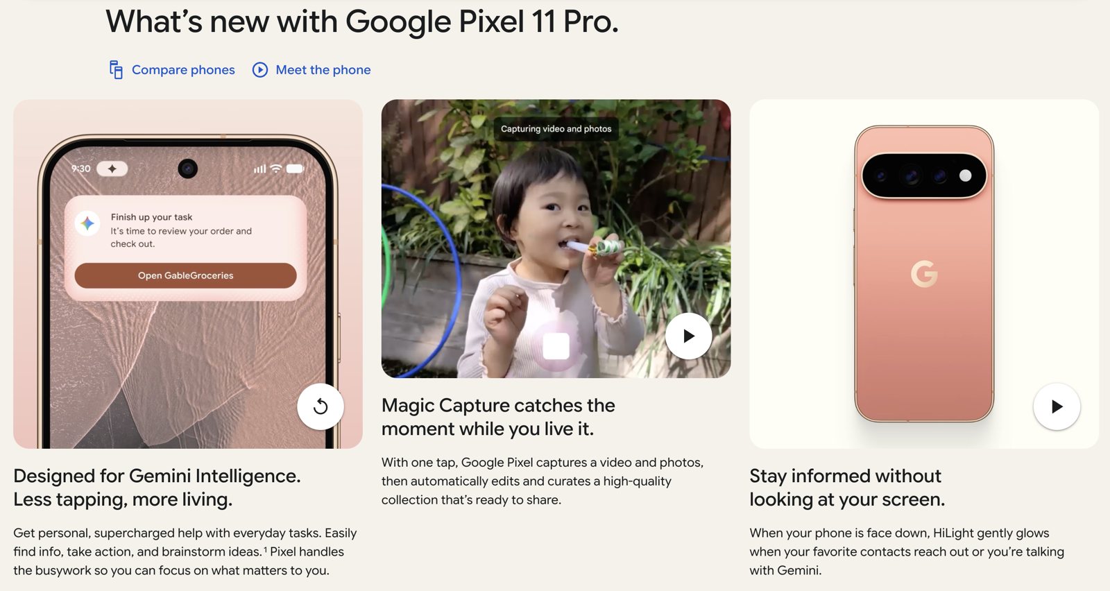 Google page showing what is new with Pixel 11 Pro, including Gemini Intelligence, Magic Capture, and the HiLight camera bar glow.