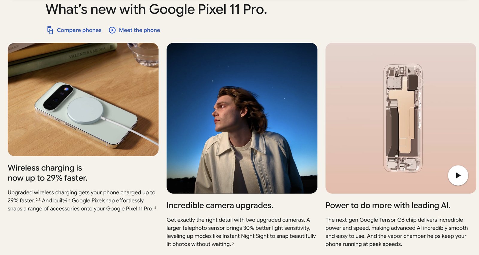 Google panels showing wireless charging 29 percent faster, upgraded camera sensors, and an x-ray view of the Tensor G6 and vapor chamber.