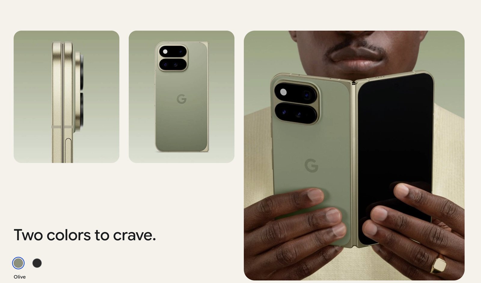 Pixel 11 Pro Fold in Olive, shown in profile, from the back, and held half-open by a person.