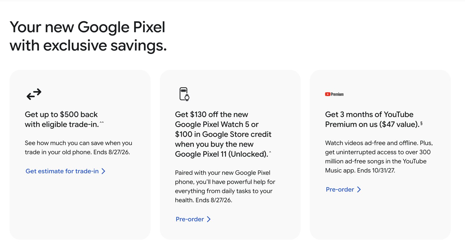 Google Store offer cards for the Pixel 11: up to $500 back with trade-in, $130 off a Pixel Watch 5 or $100 in store credit, and three months of YouTube Premium.