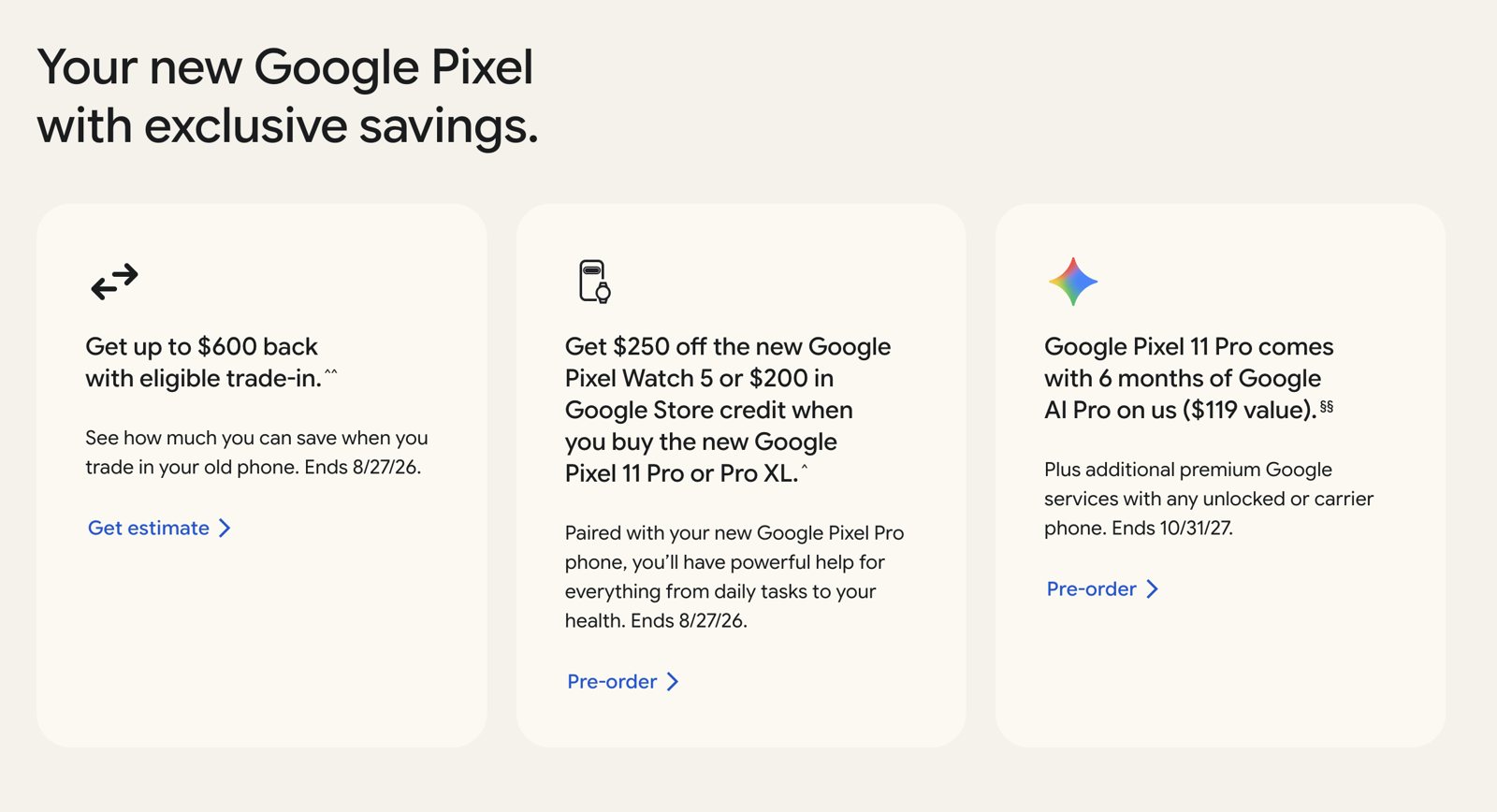 Google Store offer cards for the Pixel 11 Pro and Pro XL: up to $600 back with trade-in, $250 off a Pixel Watch 5 or $200 in store credit, and six months of Google AI Pro.