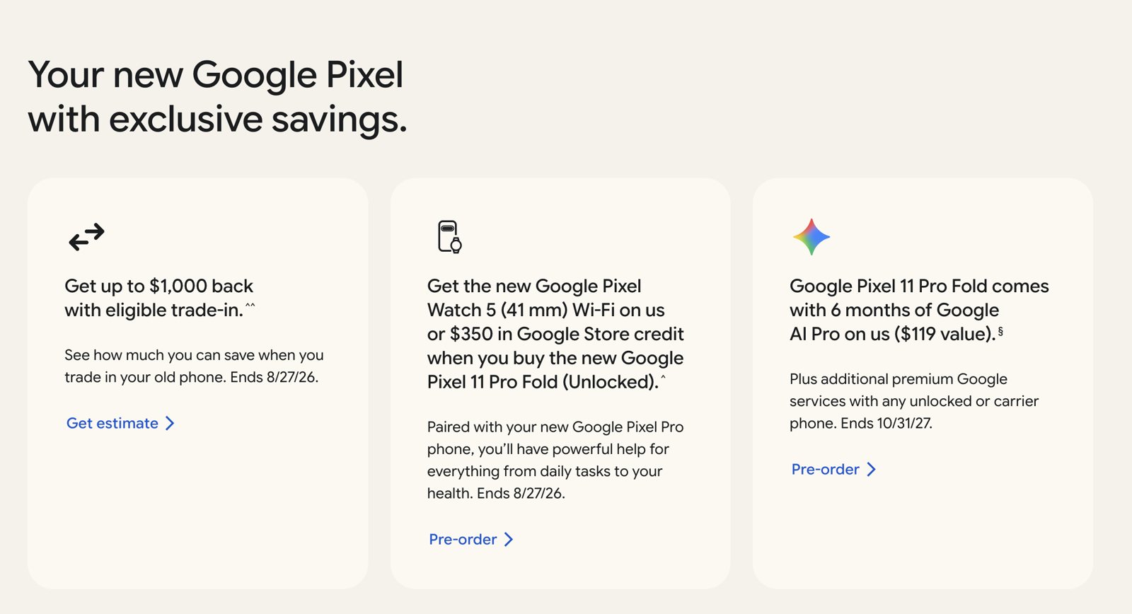 Google Store offer cards for the Pixel 11 Pro Fold: up to $1,000 back with trade-in, a free 41mm Pixel Watch 5 or $350 in store credit, and six months of Google AI Pro.
