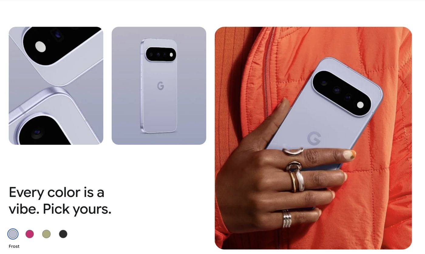 Pixel 11 in Frost, shown from the back and held in a hand against an orange jacket, with the four color swatches below.