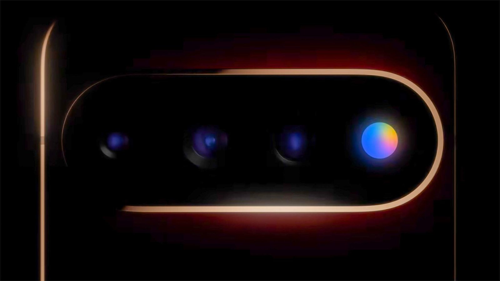 Close up teaser render of the Pixel 11 Pro camera bar in the dark, a gold rim glowing around three lenses and a fourth ring lit in Gemini colors.