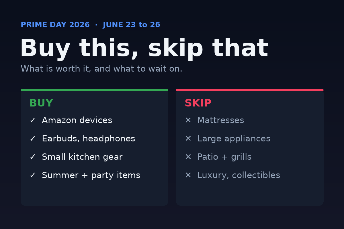 Prime Day 2026 buy or skip card. Buy: Amazon devices, earbuds and headphones, small kitchen gear, summer and party items. Skip: mattresses, large appliances, patio and grills, luxury and collectibles.
