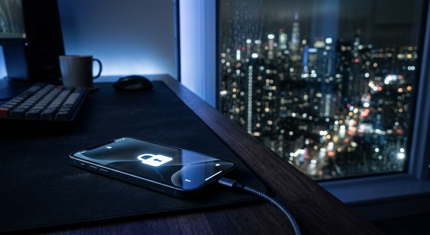 A smartphone on a dark desk displaying a padlock icon, with a city skyline visible through a window at night.