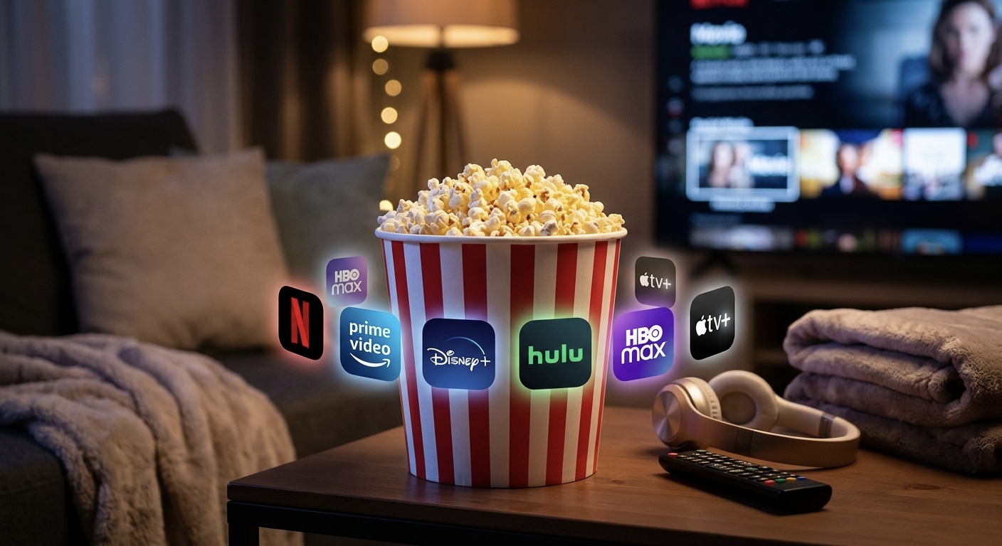 Popcorn container with movie streaming app icons glowing softly around it, cozy home theater lighting