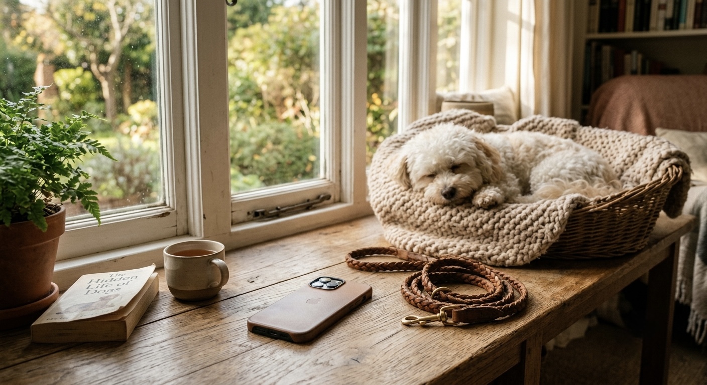 A warm editorial still life of a smartphone lying face down on a sunlit windowsill next to a coiled dog leash, with a small fluffy dog sleeping softly in the background.