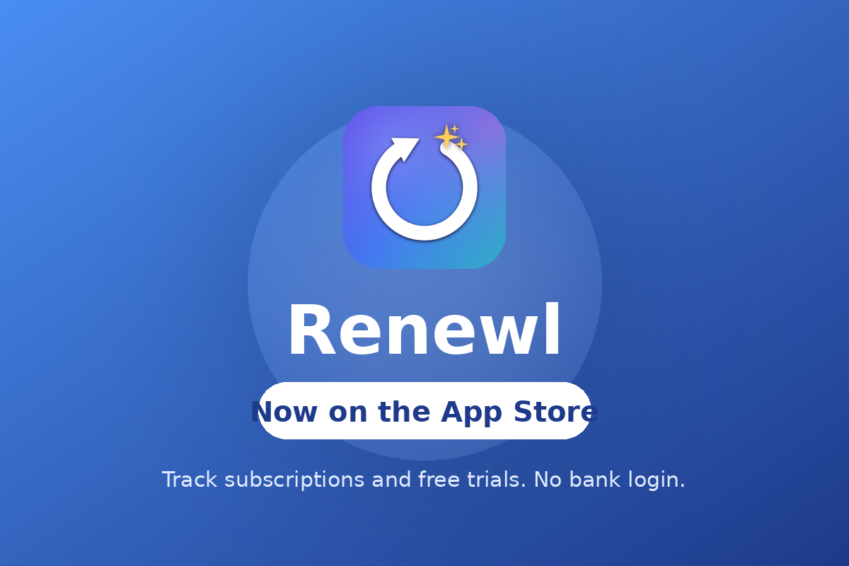The Renewl app icon on a blue gradient, with the words Renewl and Now on the App Store.