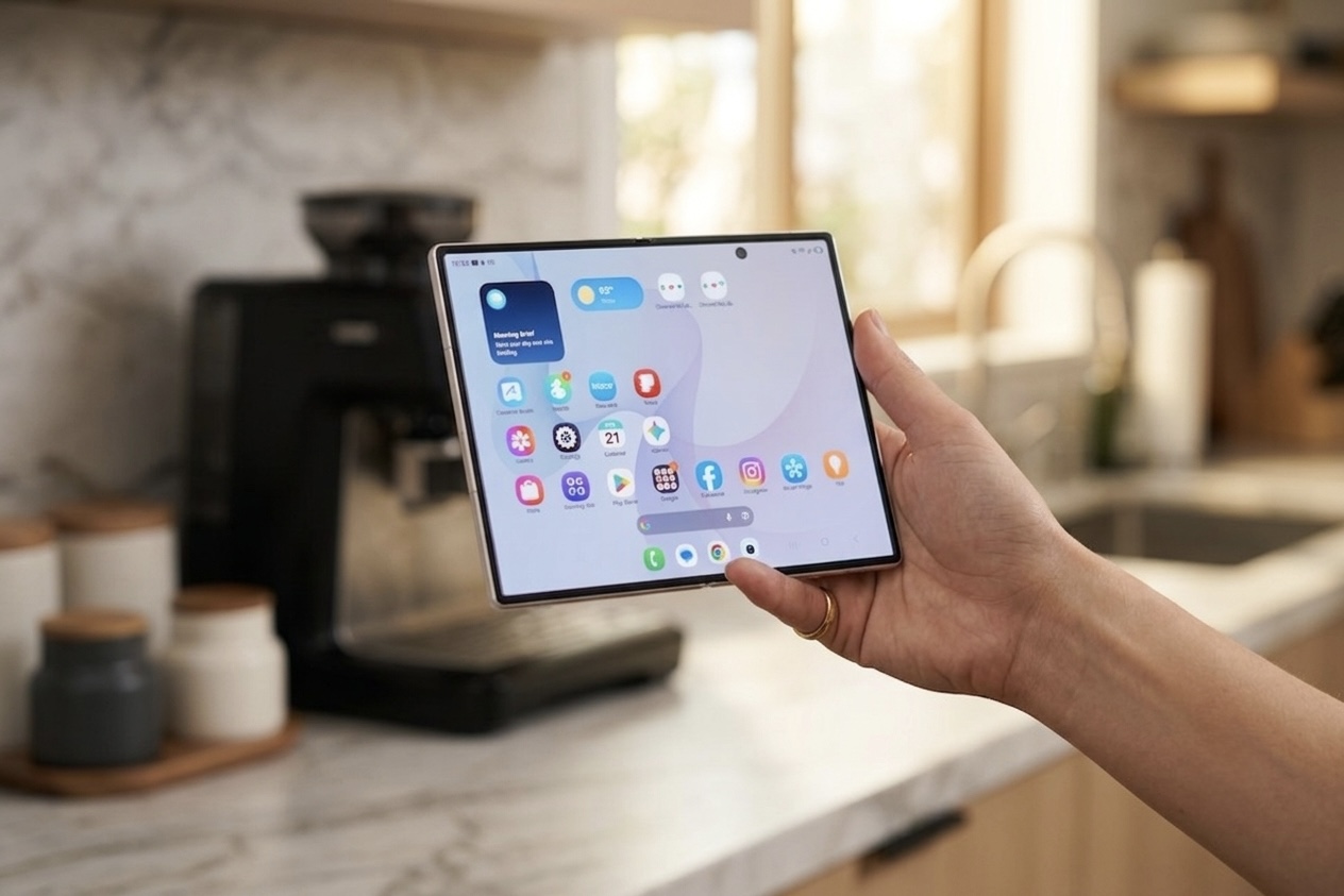 The new wide Galaxy Z Fold8, open and held in one hand in a kitchen.