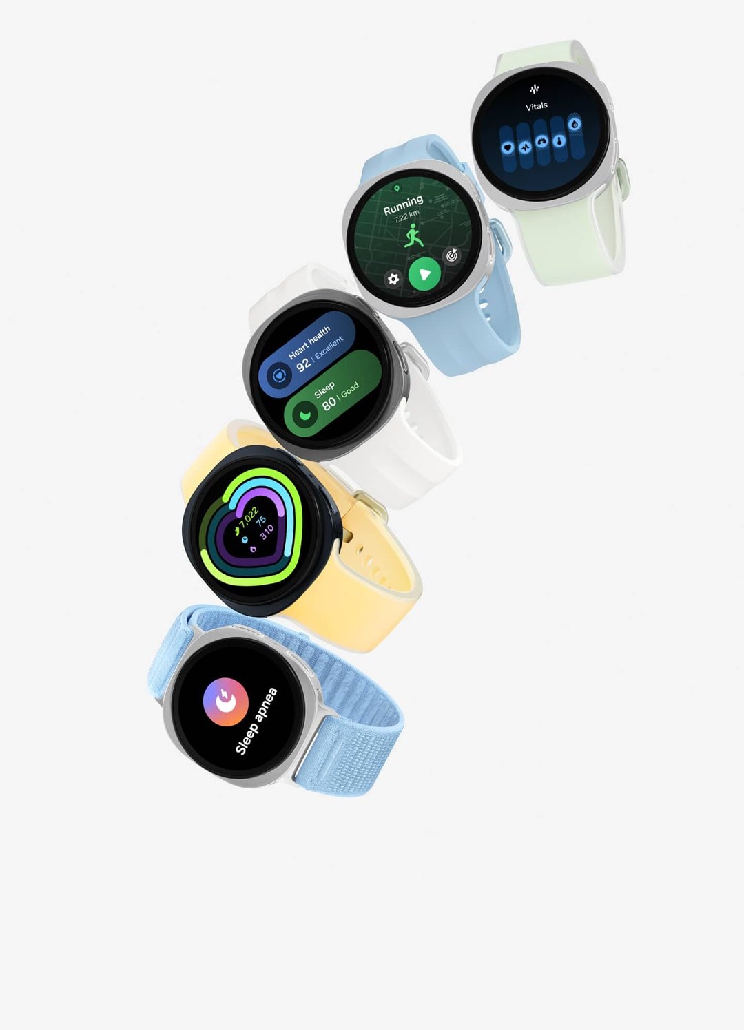 Five Galaxy Watch9 models arranged diagonally in different colors and watch faces.