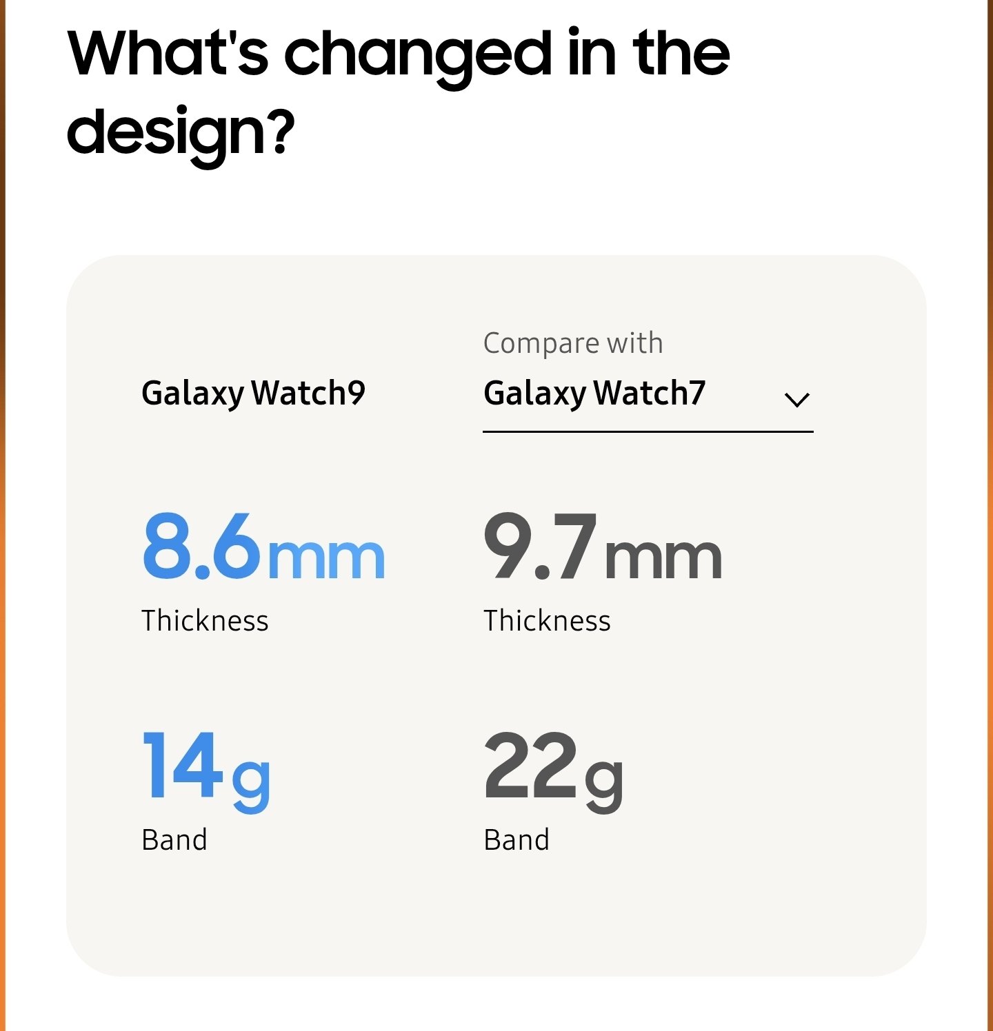 A keynote slide comparing Galaxy Watch9 to Galaxy Watch7, showing thickness and weight.