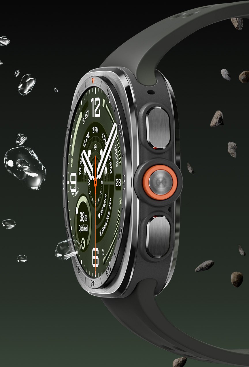 A side profile of the Galaxy Watch Ultra2 with water droplets and debris around it.